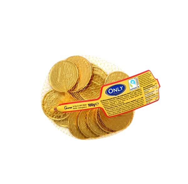 Čokoládové zlaté euro mince z mliečnej čokolády
