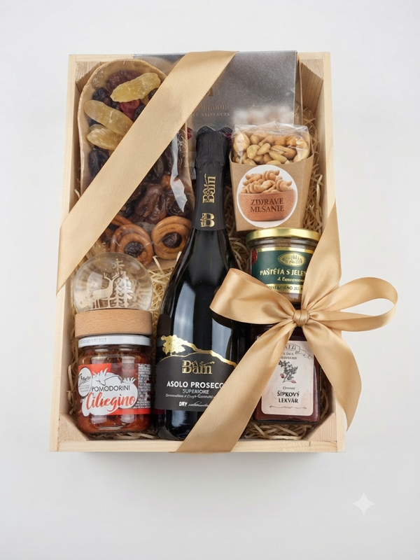 Darčeková debnička Prosecco & Delikatesy – darčekový kôš a firemný balíček
